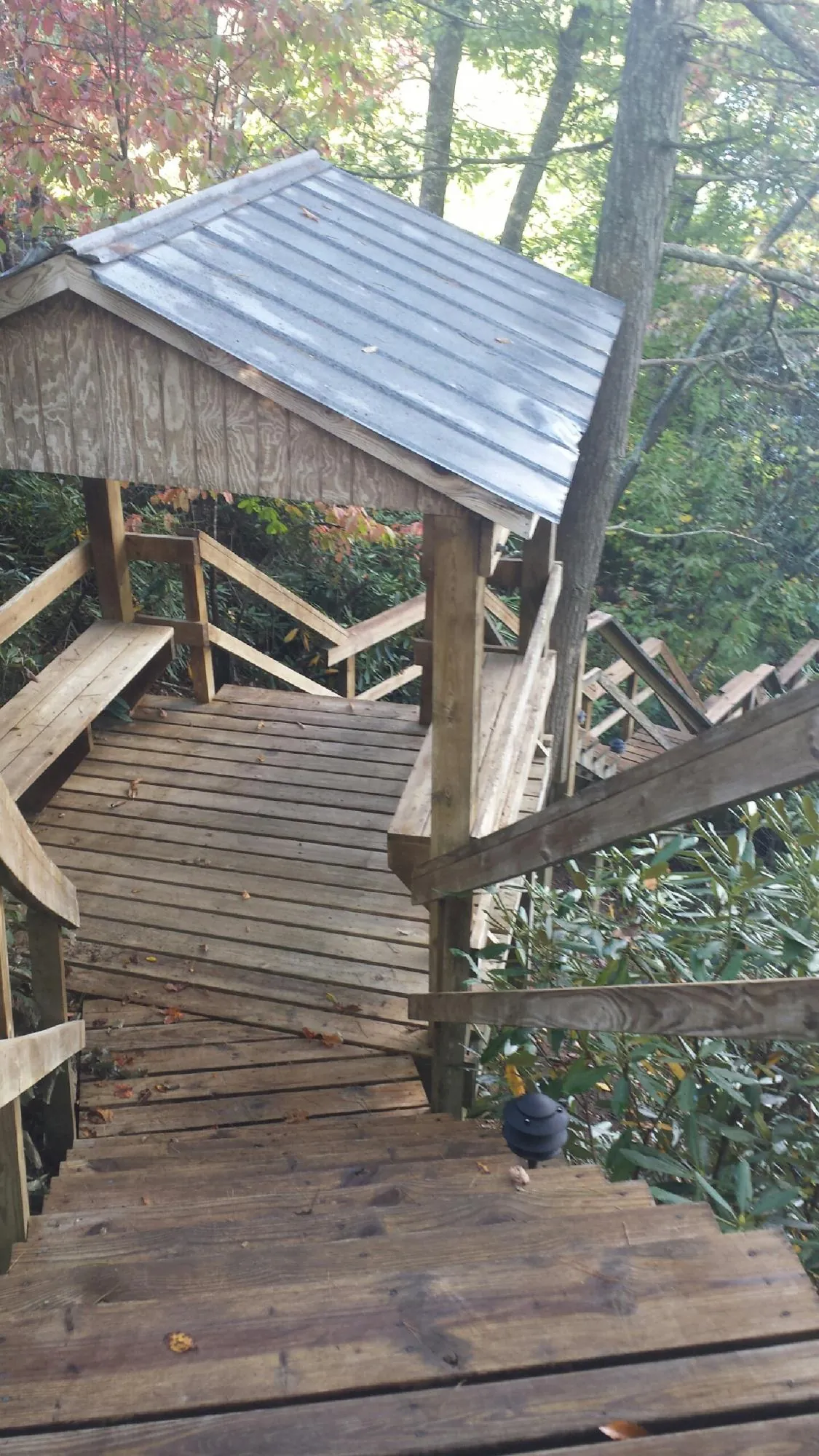 Metal roofed shelter over wooden steps on a wooded walkway — Skylight Repair & Installation work by our crew in Clarks Mills